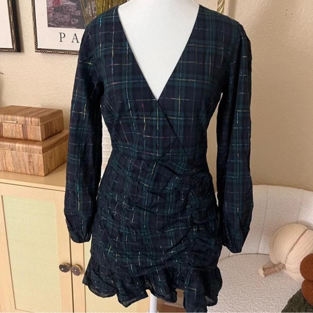 LOVERS + FRIENDS Green Plaid Ruffle Ruched Detail Nanette Mini Dress Size M NWOT